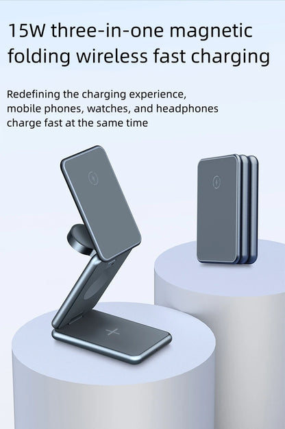 Alloy folding Magsafe15W magnetic wireless fast charging mobile phone earphone watch three-in-one folding wireless  charger